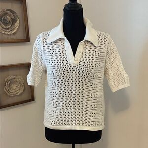 T Tahari 100% Cotton White Crochet Collared Blouse Size Large